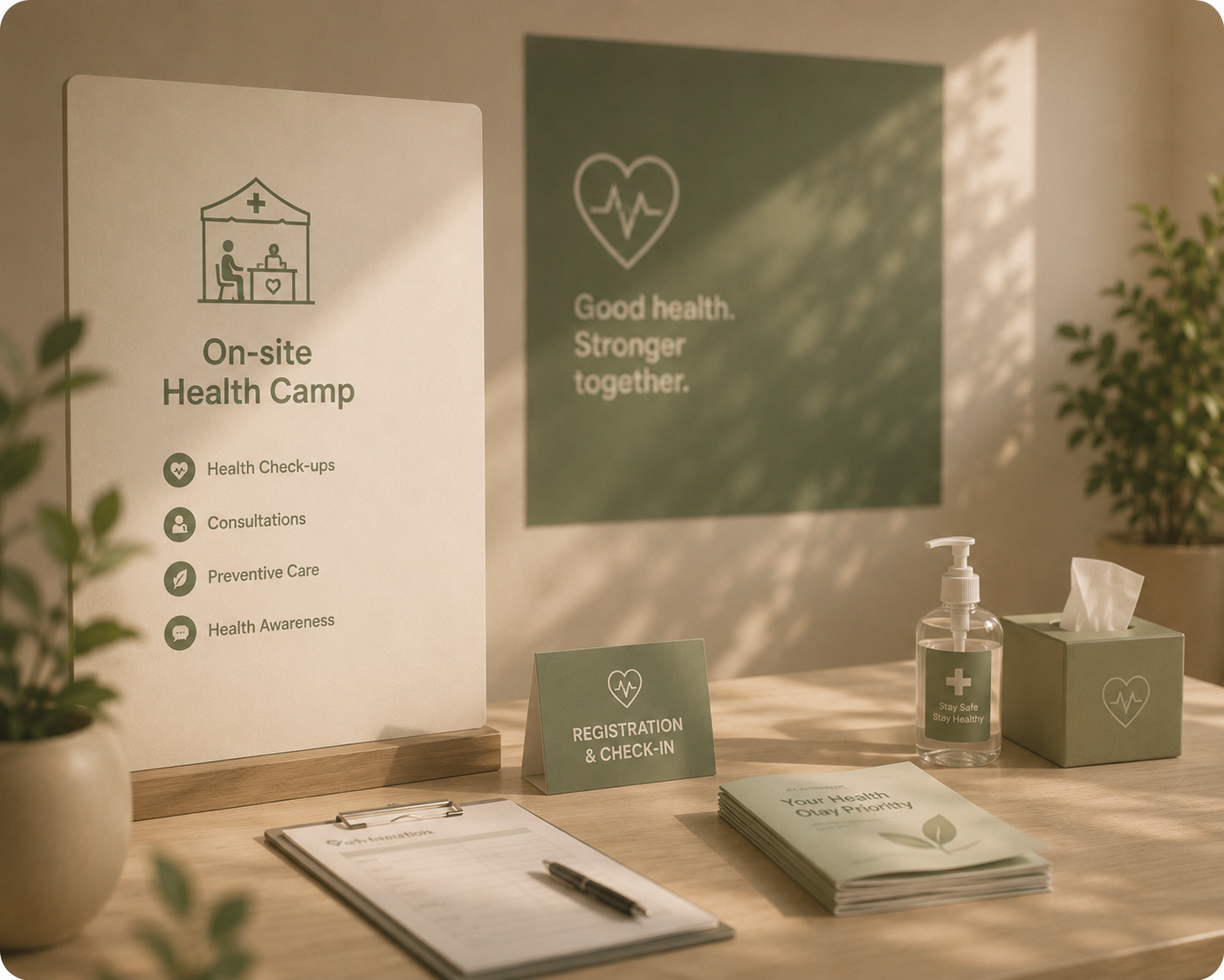 On-site health camp signage and check-in materials