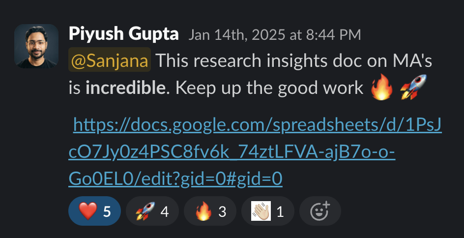 Slack message calling the research insights doc incredible